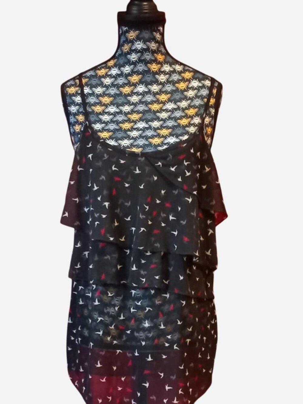 Smart Set black, red, and white bird print ruffle tiered tank top